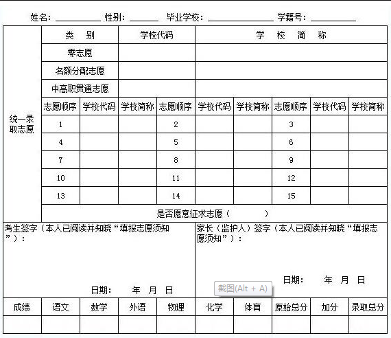 達州2022年中考報考志愿表